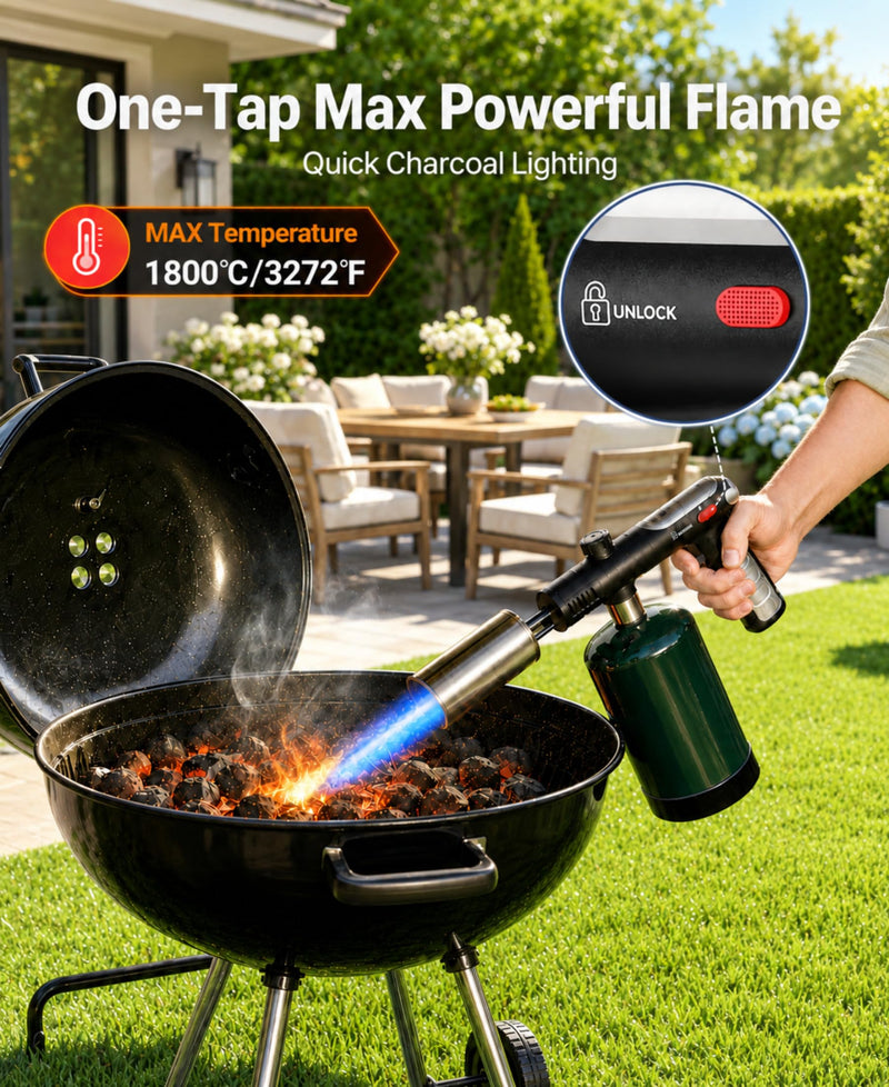 Propane Torch Gun, Flame Thrower Grill Gun, Adjustable to 3272°F | BBQ & Charcoal, Campfire, One-Tap Max Power & Safety Lock, Sears Steak, Food, Outdoor, Self Ignition, Tank Not Included Matte Black(pro)