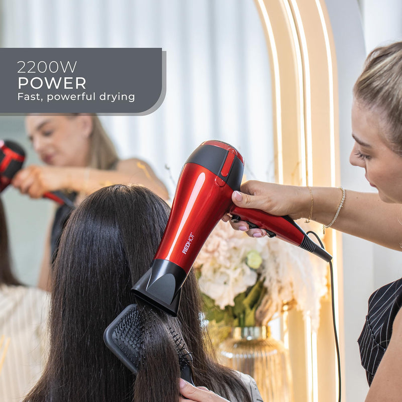 Red Hot 2200W Hair Dryer / 3 Heat Settings, 2 Speed Settings/Cool Air Function, Removable Styling Nozzle, Fast Drying Hair Dryer/Red 37060 2200W Professional Hair Dryer Red
