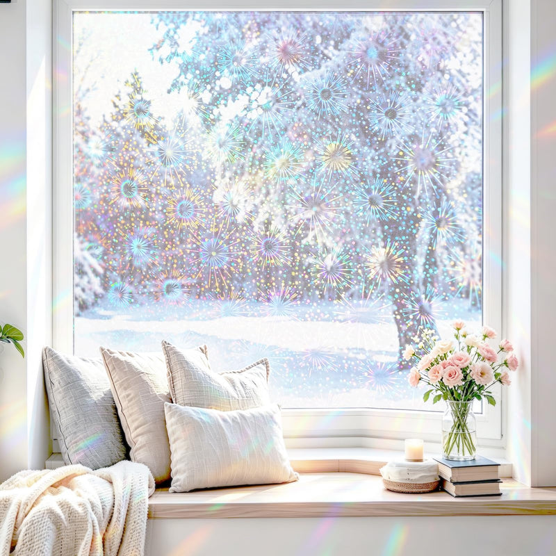Fireworks Pattern Holographic Sticker Paper Self Adhesive Holographic Window Film Iridescent Clear Contact Paper Transparent Glitter Laminate Sheets Vinyl Film for Book Card DIY Pictures