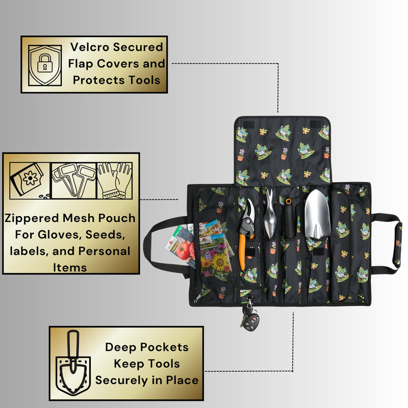 Garden Tool Bag, Roll-Up Garden Tool Holder with Deep Pockets | 900D Polyester Heavy Duty Gardening Tote | Compact Washable Organizer for Tools, Seeds, and Essentials (Tools Not Included) Ogre Print