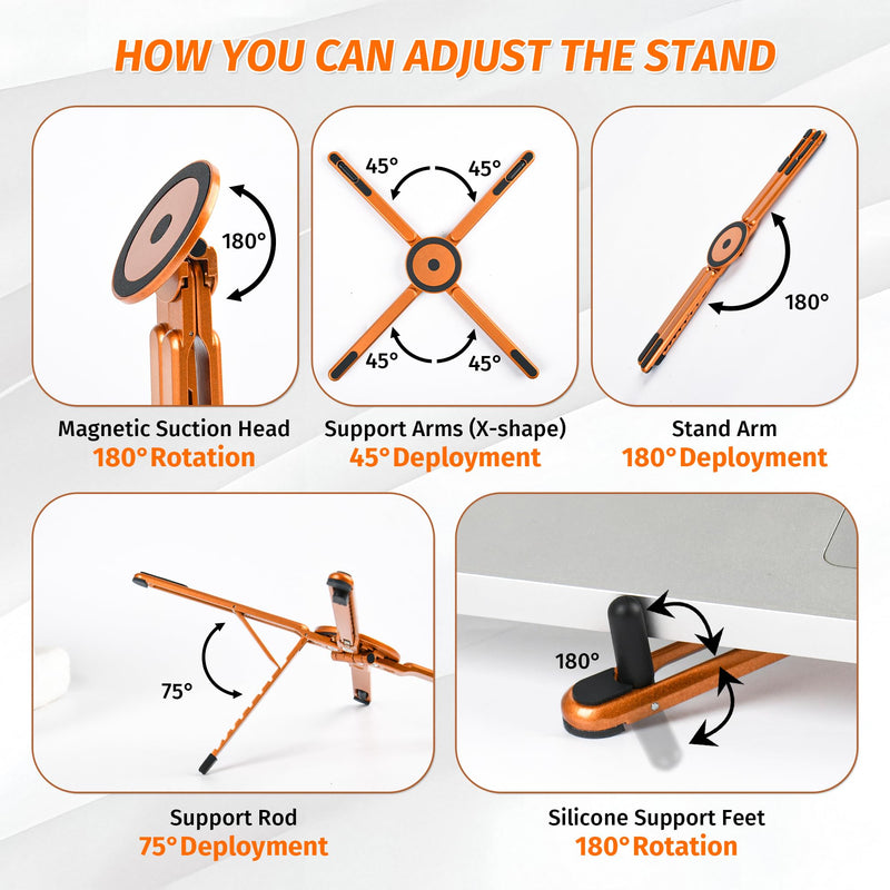 Three-in-One Magnetic Folding Stand,Adjustable Laptop Stand | Suitable for MacBook,iPad, iPhone,mobile phones,tablets,laptops,and portable aluminum heightening stands (orange) orange