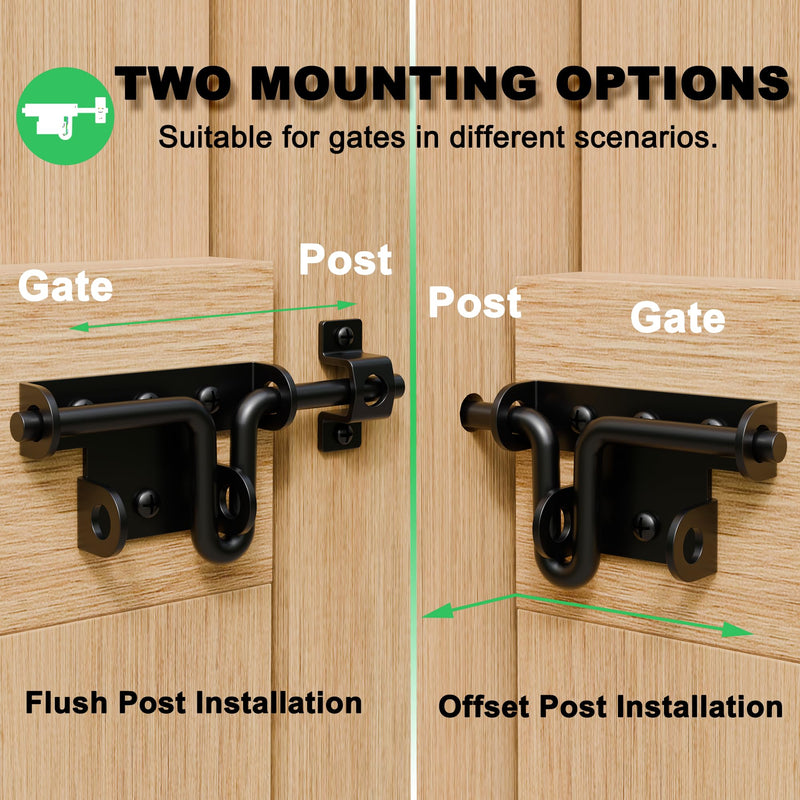 Heavy Duty Slide Bolt Gate Latch for Wooden Fence, 2 Way Barn Door Latch with Padlock Hole, Offset and Flush Mounted Gate Latch for Outdoor Gates/Yard Fence/Shed Door, Black, 3 Pack