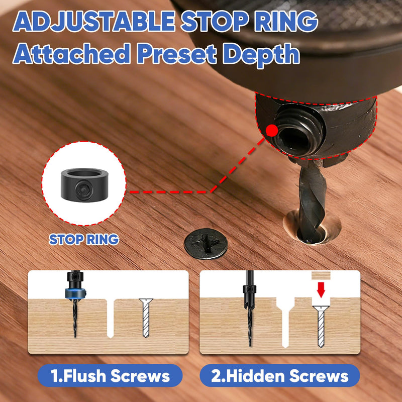Countersink Drill Bit Set, 22PCS Counter Sink Drill Bit for Wood with 100PCS Accessories, Wood Plug Cutter, Adjustable Depth Stop Collar, Hex Shank M42 HSS Tapered Drill Bits for Woodworking 22 PCS