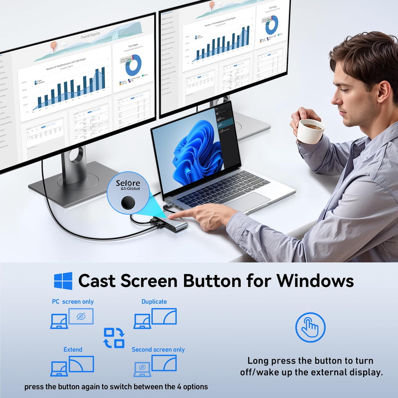Selore USB C Docking Station 3 Monitors, USB C to Dual HDMI VGA Adapter with One-Touch Multi-Screen Switch and Screen On/Off Button, HDMI Splitter Converter for Dell, HP, Lenovo,MacBook Pro/Air, etc Light Grey