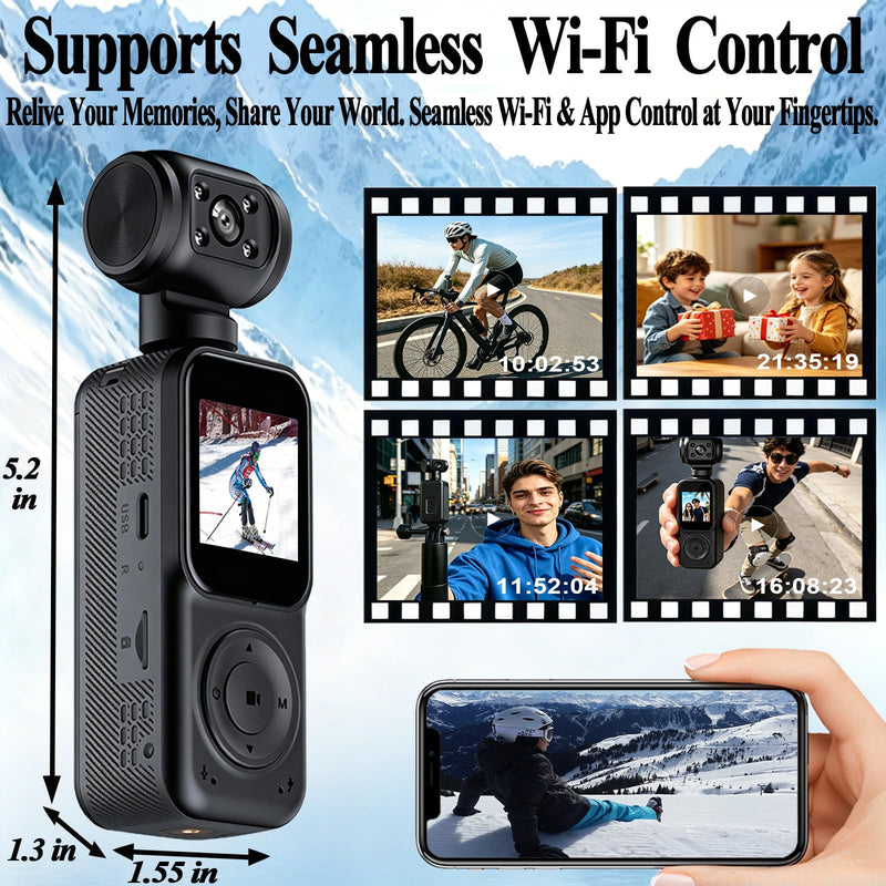 Pocket Camera 4K Output, WiFi Body Cameras with Audio and Video Recording, Dual Light&7 Hour Battery (Deep Black) Deep Black