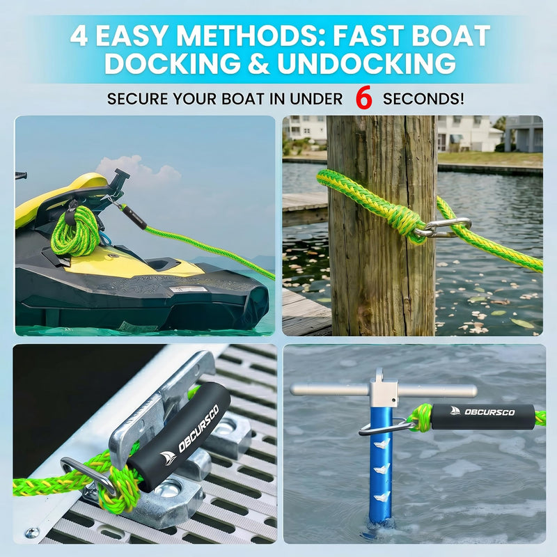 Obcursco Bungee Dock Lines - Jet Ski Rope with Double 316 Stainless Steel Clips - Shock Absorbing Boat Snubber for PWC, SeaDoo, Waverunner, Pontoon, Bass Boat (5ft, 2 Pack, Green) Yellow/Green 5-7ft