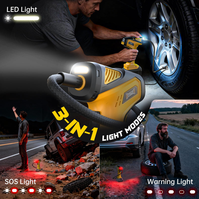 Cordless Tire Inflator Air Compressor Compatible with Dewalt 20V Battery (Tool Only), 150 PSI Portable Car Air Pump with Digital Pressure Gauge, Automatic Shut Off, LED Light Yellow- Compatible With Dewalt 20v