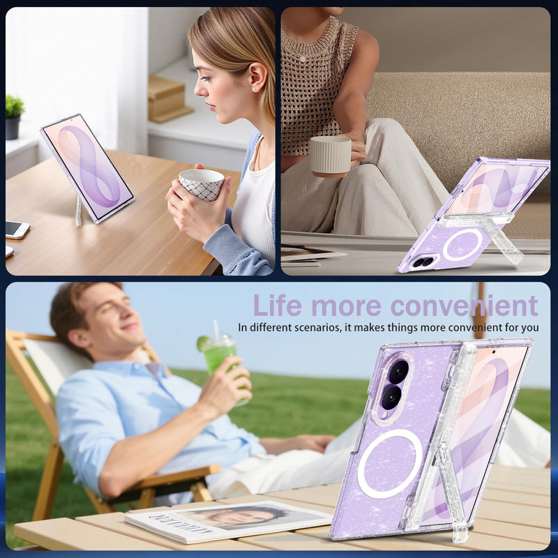 Casetego for Galaxy Z Fold 8 Case Magnetic,[Compatible with MagSafe][Built-in Screen Protector][Kickstand][Hinge Protection] Slim Shockproof Cute Women Girl Case for Samsung Z Fold,AllGlitter Hot Clear-Stand