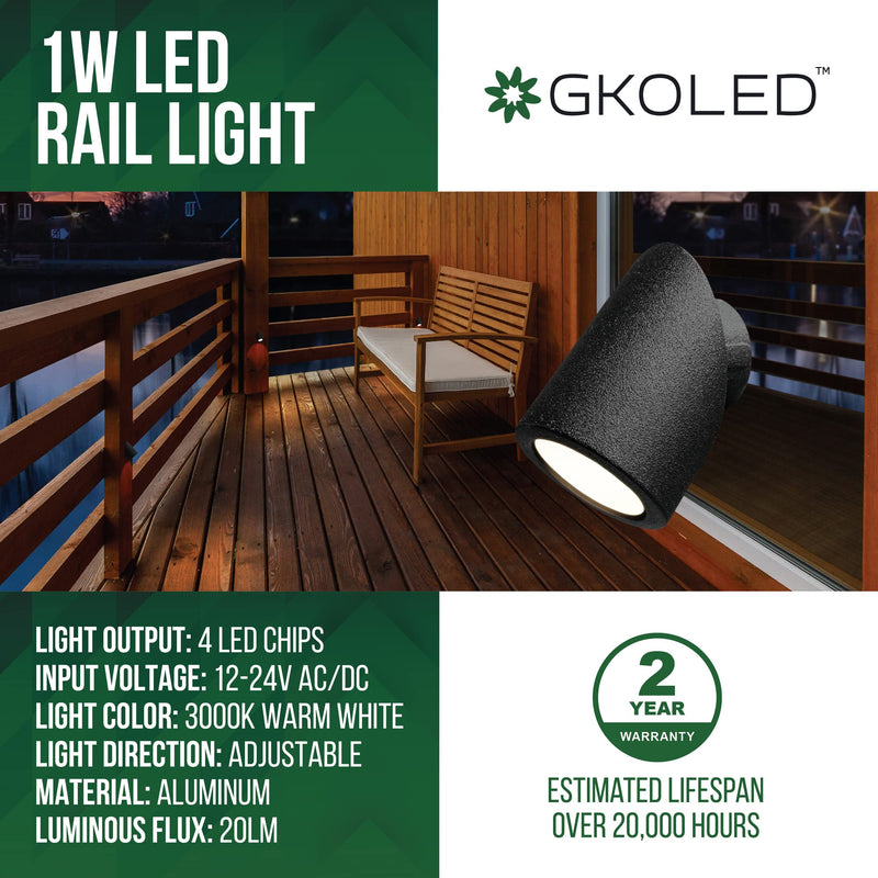 GKOLED 6-Pack Recessed Low Voltage Rotatable LED Deck Lights, Petite Directional Post Lighting, 1W 12V Flush Mount Rail Light, 3000K, IP66 Rated, Die-cast Aluminum Housing, Powder Coated Finish, Black
