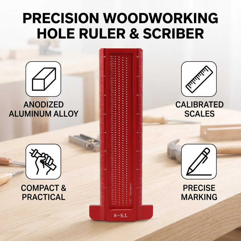 TS-8 Precision Marking T-Rule Aluminum Alloy Hole Positioning Scribing Gauge Woodworking Ruler Marking Gauge Measuring Tool(Red)