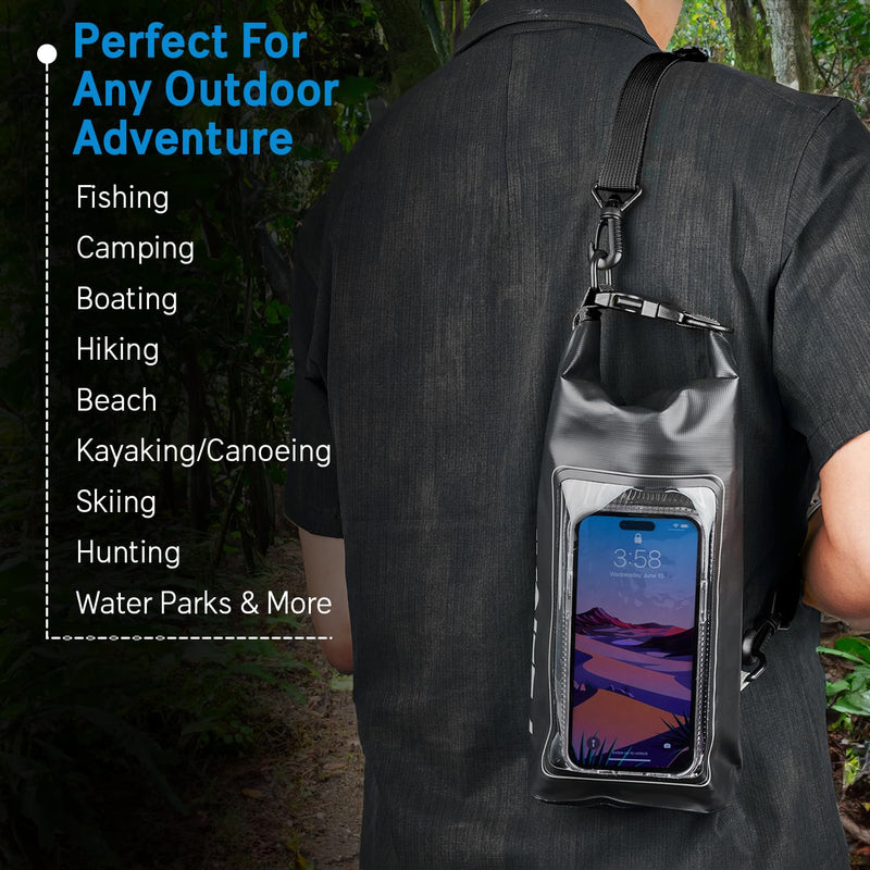 Pelican Marine IP68 Waterproof Dry Bag 2L - Roll Top Waterproof Backpack w/Phone Case/Pouch - Boating & Kayak Accessories - Essentials for Camping Swimming Beach Fishing Rafting Travel - Black Stealth Black - 2L