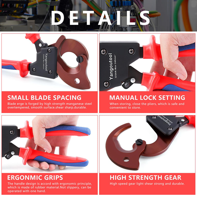 Yangoutool Ratchet Cable Cutter Heavy Duty for Copper and Aluminum Cables, 240mm² Capacity, Sharp Polished Edges, Ideal for Cutting Large Armored Electrical Wires, Perfect for Electricians 325AN