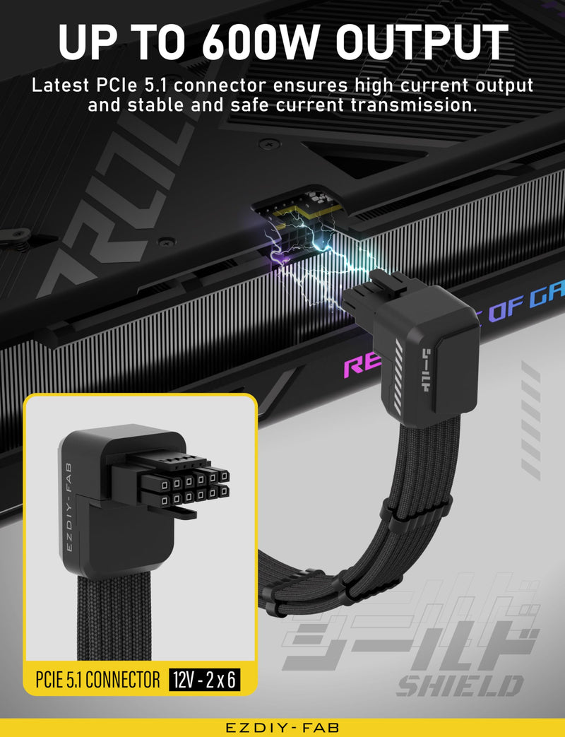 EZDIY-FAB Shield PCIE 5.1 GPU Extension Cable with 90 Degree 12V-2x6 Angle Adapter,16pin (12+4) 12VHPWR PSU Cable Extension for RTX 40/50 Series with Combs-Reverse Type-Black Reverse