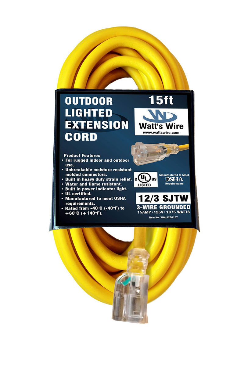 15 ft Outdoor Extension Cord Waterproof - 12 Gauge Heavy Duty Extension Cord 15 ft - Lighted Outdoor Extension Cords - Watts Wire - 15' Grounded - extensiones electricas Yellow