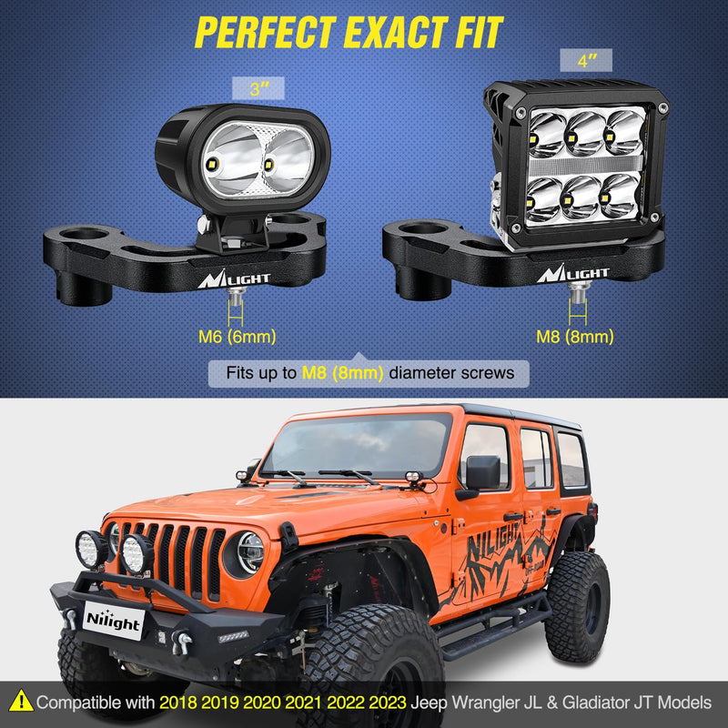Nilight Light Mounting Bracket Hood Cowl Mount Brackets for Front A-Pillar Auxiliary Offroad LED Pod Light Work Lights on 2018-2023 Jeep Wrangler JL/JLU 2020-2023 Gladiator JT A-Pillar JL/JLU JT