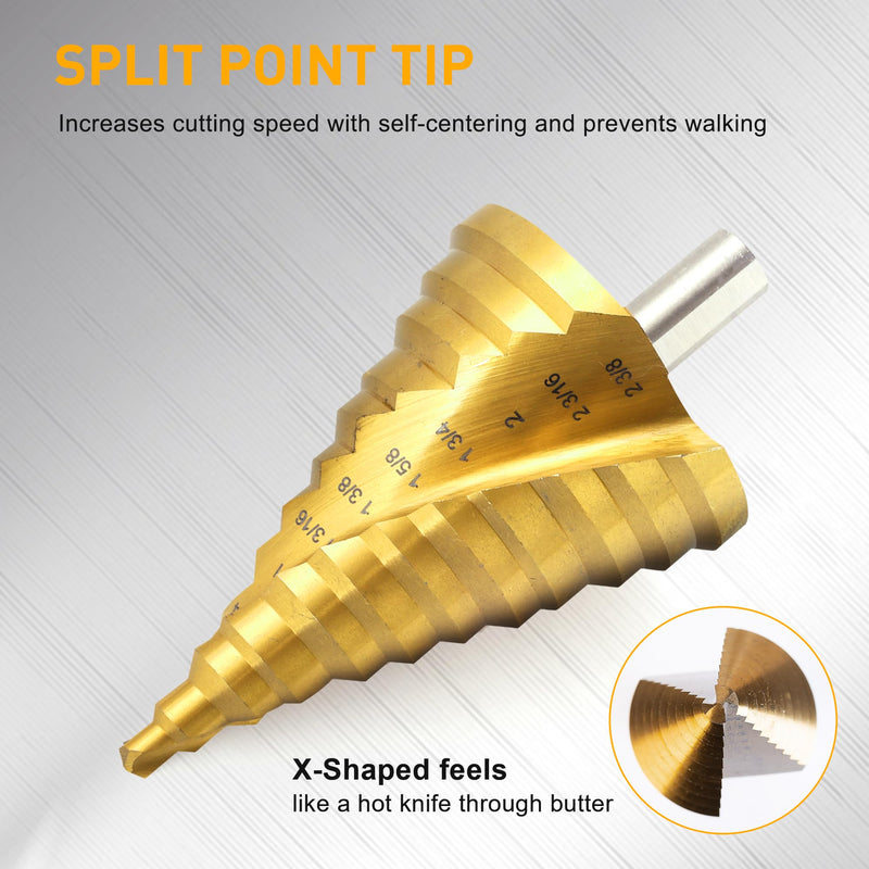 Spiral Groove Step Drill Bit, 12 Steps High-Speed Steel 1/4" to 2-3/8", Large Step Drill Bits for Cutting Holes in Iron Aluminum Copper Plastic Wood