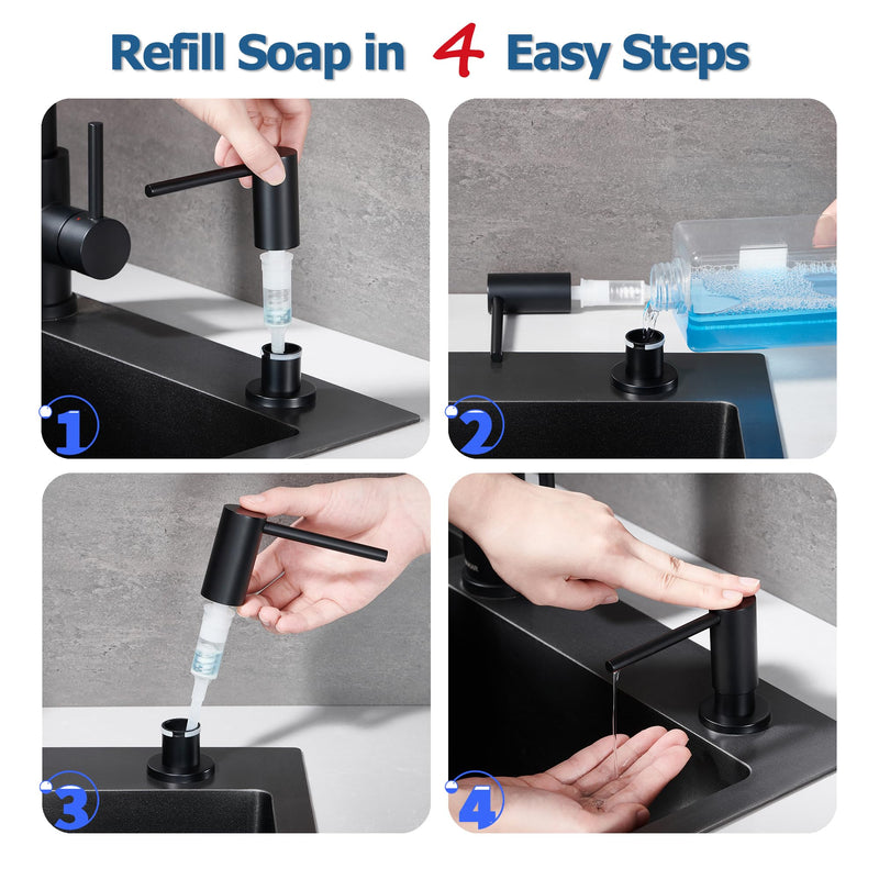 Soap Dispenser for Kitchen Sink Matte Black, Counterop Sink Soap Dispenser Stainless Steel 17 OZ Bottle Built in Design Refill from The Top, Black