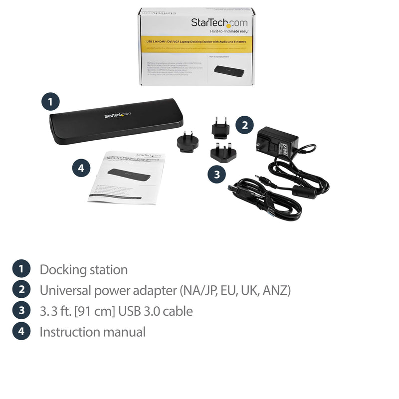StarTech.com Dual Monitor USB 3.0 Laptop Docking Station with HDMI/DVI/VGA, 3x USB-A Hub, GbE, Audio, Universal Type-A Dock for Windows/macOS/ChromeOS - TAA Compliant (USB3SDOCKHDV) HDMI | DVI | VGA |3 x USB 3.0