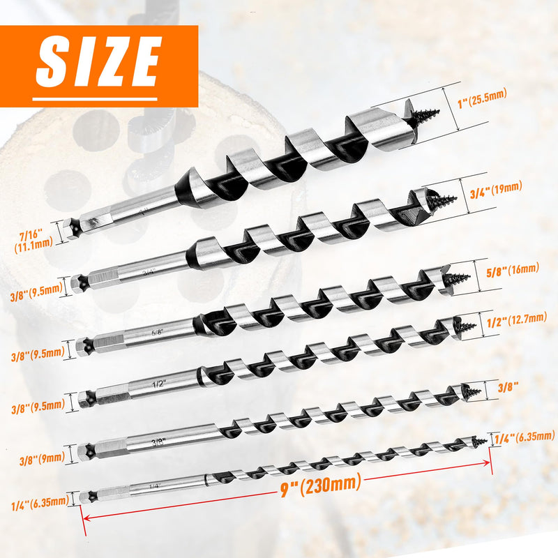 6Pcs 9-Inch Long Auger Drill Bit Set for Wood,1/4",3/8",1/2",5/8",3/4",1" Inch Hex Shank Ship Auger Drill Bit Set for Soft and Hard Wood, Plastic, Drywall and Composite Materials 6Pcs -1/4" to 1" 9 Inch Long