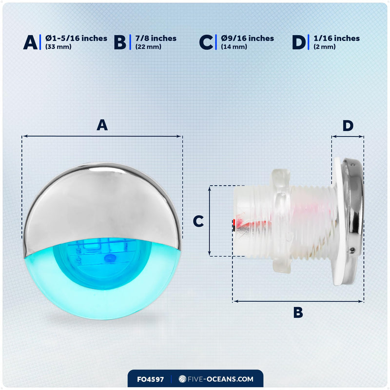 Five Oceans LED Boat Courtesy Lights, 1-5/16-Inch Round, 316 Stainless Steel Half Cover, IP68 Waterproof, Blue, 12V, Thru-Hull Mount for Livewell & Underwater Light on Boats - FO4597 1-5/16" Round Half-Moon Cover, Blue LED, 1-Pack