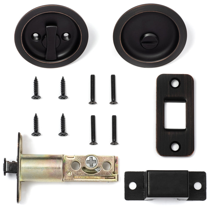 Dynasty Hardware Pocket Door Latch, Round Sliding Handle for Bathroom or Bedroom, Locking Passage Pull, Easy Install Pocket Door Hardware, Aged Oil Rubbed Bronze Finish, 2-3/8" Backset, Universal Fit