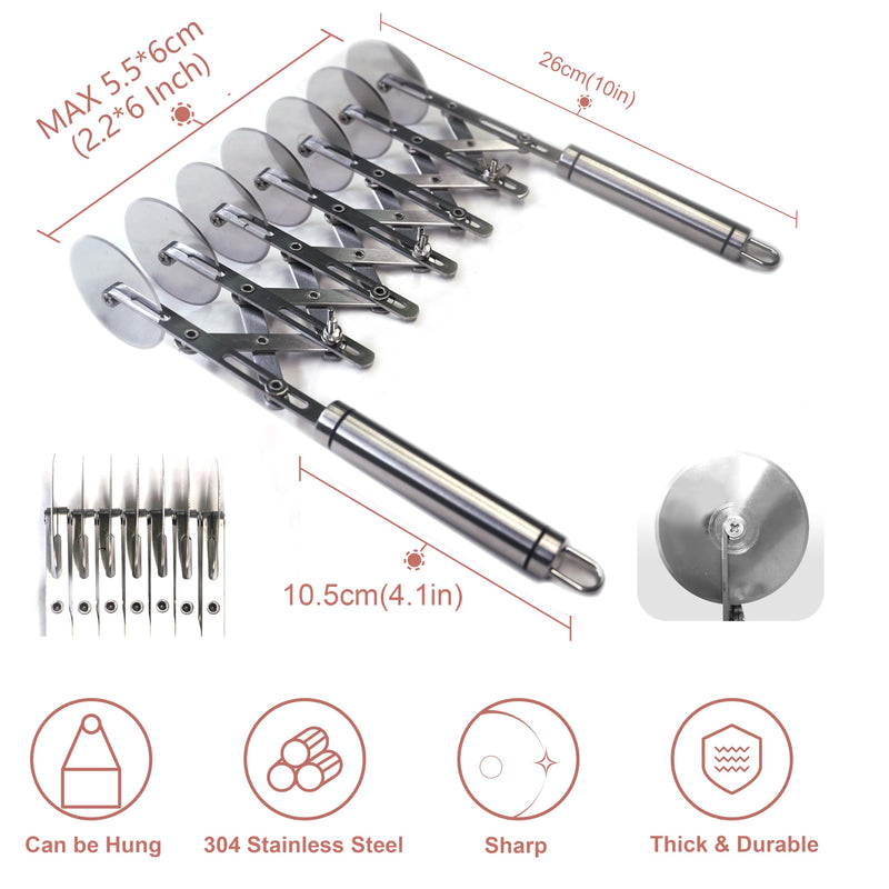 Star Brand Pastry Cutter with Grinder Spaghetti Dough Roller Knife Stainless Steel Pizza Slicer Pasta Wheeling Attice Roller Adjustable Dough Divider with Handle (Stainless Steel, 7 Wheels)