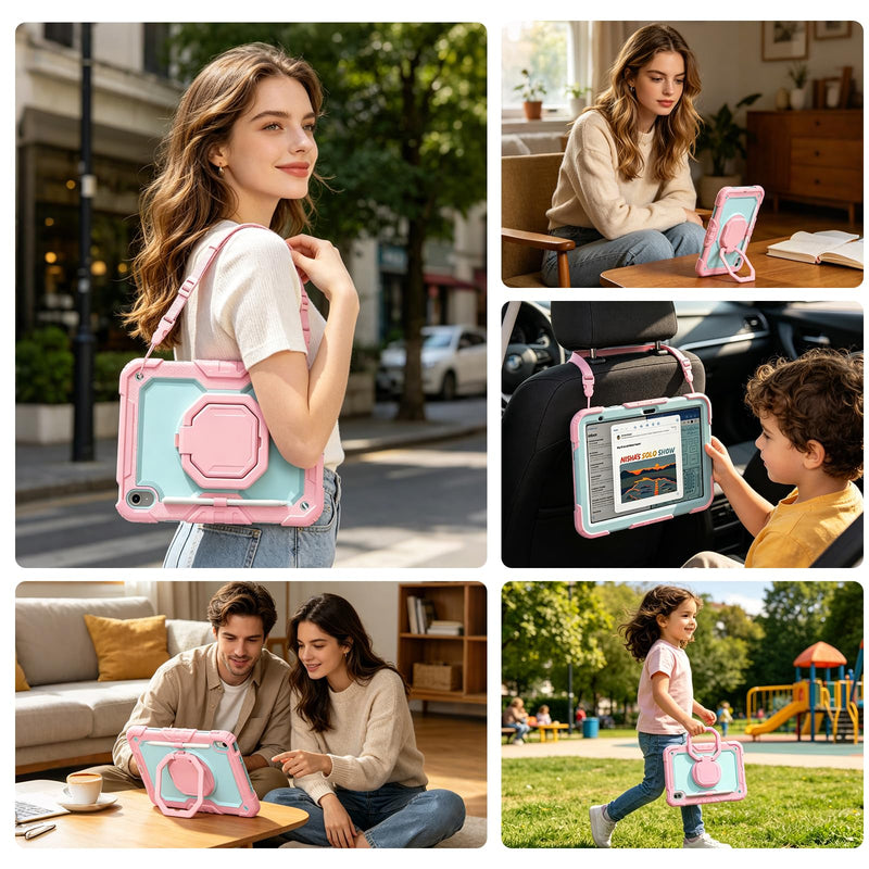 Case for iPad (A16) 11th/10th Generation 11"/10.9" 2025/2022, Pink Mint | Full-body Heavy Duty iPad A16 Case for Adults Kids with Screen Protector, 360° Rotating Stand, Shoulder Strap, Pencil Holder Pink+Mint