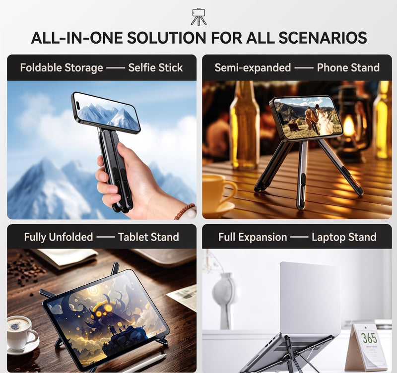 3-in-1 Laptop Stand with Magnetic Phone Holder, 8-Level Adjustable Ergonomic Aluminum Riser, Portable Computer Stand for Desk, Compatible with 10-17" MacBook & Laptops, iPhone 12-16 with MagSafe
