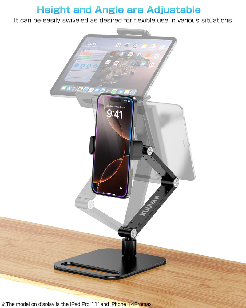 Tablet Stand Holder for iPad, Portable Monitor Stand Holder 15.6'',17.3'', Aluminum Alloy Foldable Arm Mount with 360° Swivel Desk Mount Compatible with 4.7-17.3inch Tablet, Cell Phone (Black) Black