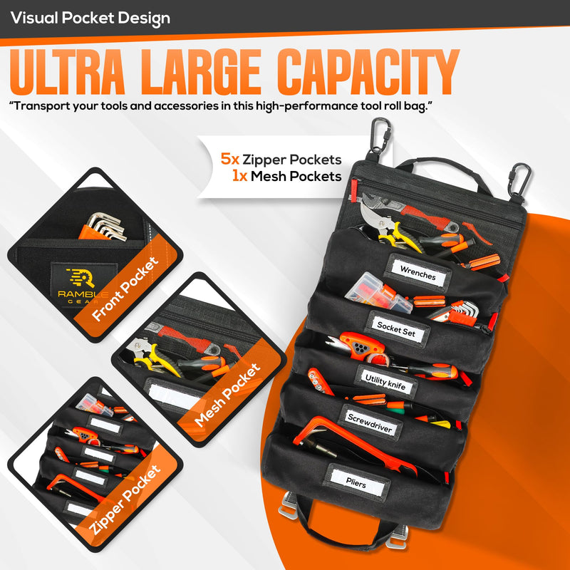 Roll up tool bag with Carabiners - 5 Large Oversized Pockets with Labels-Tool roll bag organizer - Canvas foldable tool Bag organizer | Tool organizer bag for Mechanic, Electrician & more Black