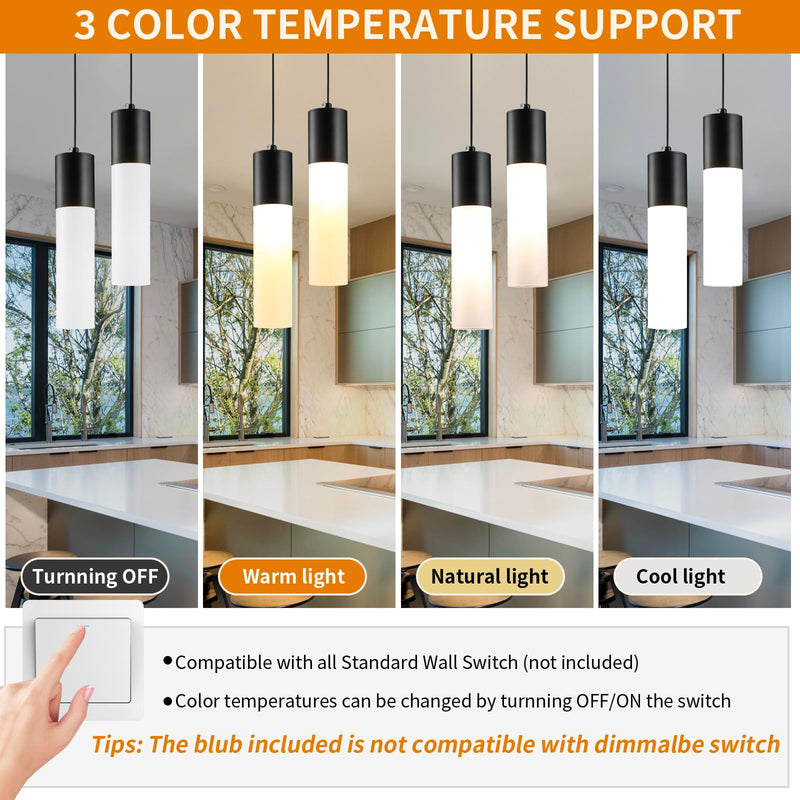 Kitchen Island Pendant Lights LED Black Small Pendant Light 12W with Milky White Lampshade Modern Ceiling Hanging Lamp for Bedroom Bedside Dining Room Table Bathroom, 1 Pack, 3000K-6000K 1-Light 1-Pack