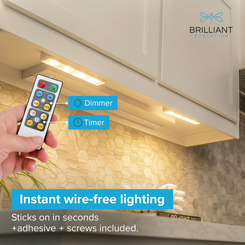 Brilliant Evolution Wireless LED Under Counter Lights with 2 Remote Controls - 6-Pack Battery Operated Under Cabinet Lighting Fixtures - Stick On Push Lights with Timer - Warm White, 8.5x2x1-Inch Remote Control 6 pack