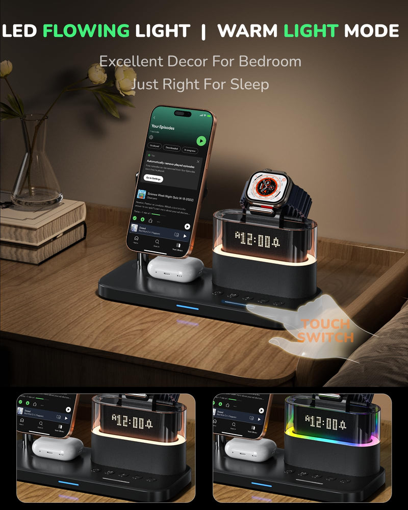 5 in 1 Wireless Charging Station for Apple,Mag-Safe Charger with Alarm Clock Night Light for Multiple Devices,Nightstand Charging Station for iPhone 17/16/15/14/13/12,Apple Watch Series,Air-Pods Qi1-Black