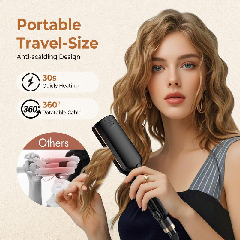 UKLISS Hair Waver Mini Crimper, Pro Beach Waves Curler | 3 Barrels Mermaid Waver, Lightweight & Compact Wave Curling Iron Crimpers for Women, Beginner-Friendly, Double Voltage Black Gold