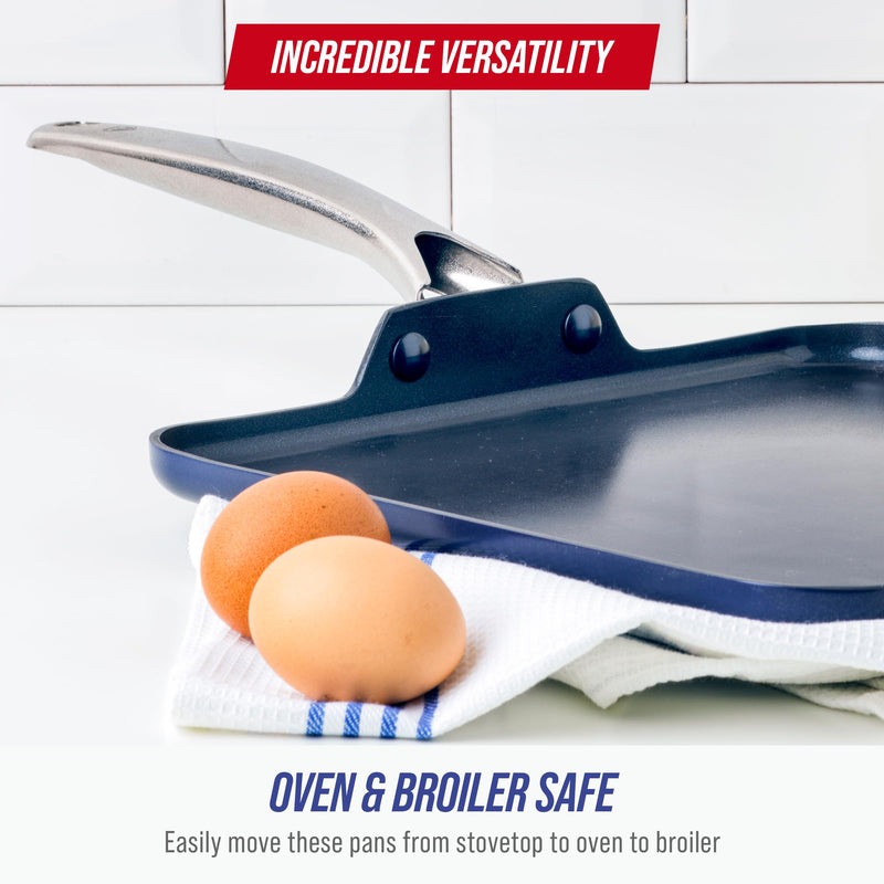 Blue Diamond 11" Nonstick Square Griddle Pan, Non Toxic PFAS-Free Diamond Ceramic, Dishwasher & Oven Safe, Even Heating, Metal Utensil Safe, Warp Control, Blue 11" Griddle Pan