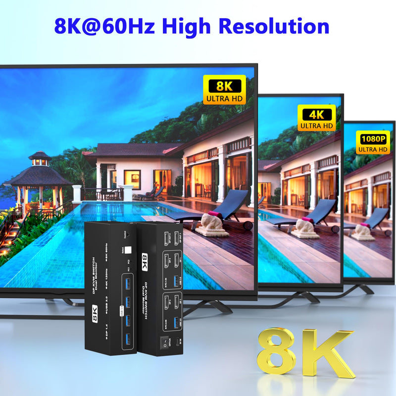 8K@60Hz Displayport KVM Switch 2 Monitors 2 Computers, 4K@120Hz USB3.0 KVM Switch Display Port for 2 Computers Share Dual Monitors and 4 USB Devices, Computer Switch Monitor Switch for 2 Computers
