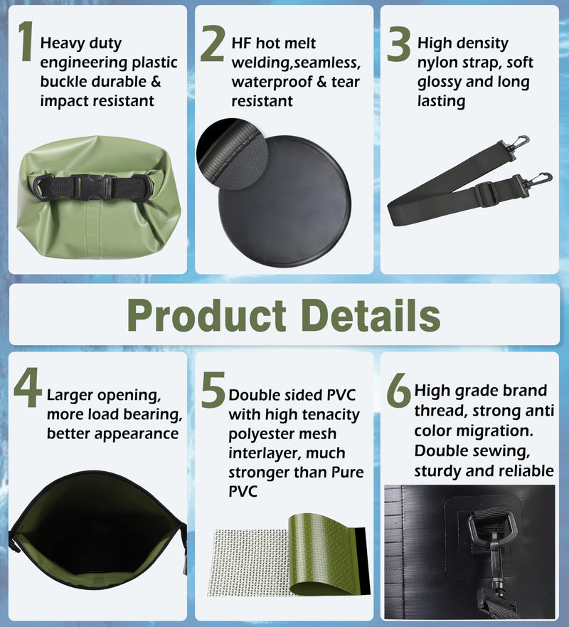 Soulsfeng Waterproof Dry Bag Roll Top Lightweight Dry Backpack for Boating, Kayaking, Travel, Beach, Swimming, Hiking & Camping - Floating Dry Sack with Adjustable Shoulder Straps 20L Green