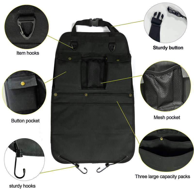 Black Car Seat Back Organizer with Multiple Pockets and Hooks black