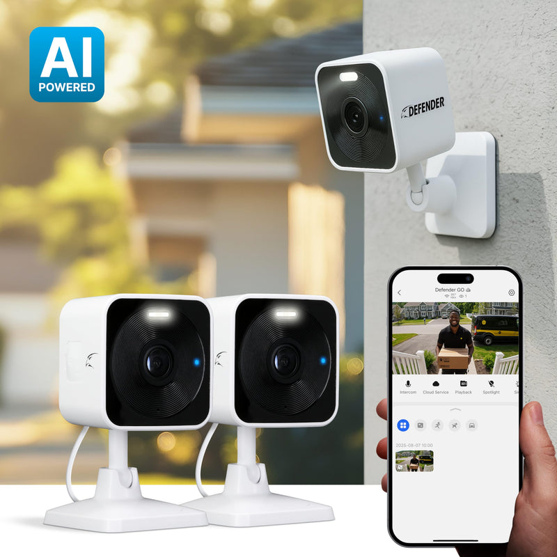 Defender GO 2K AI Powered Plug-in Indoor/Outdoor Home Business, Pet, Baby Camera, AI Detection, Dual Band Connection, Spotlight/Siren, Color Night Vision, 2-Way Talk, Works w/ClearVu App, 2 Pack 2 Cameras