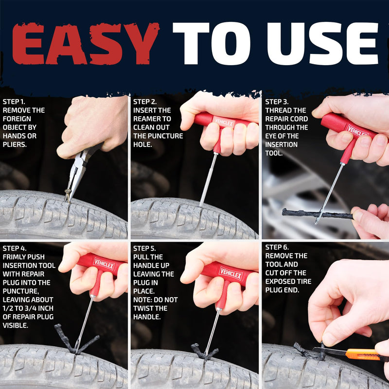 Vehiclex Tire Repair Kit for Plug and Patch with Aluminum Handled Tools - Emergency Kit in Zippered Bag for Car, Motorcycle, ATV, Tractor, Lawn Mower Compact Metal kit