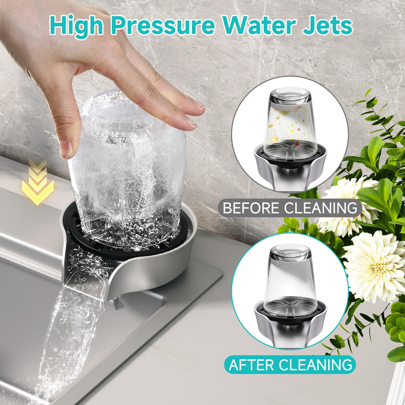 Glass Rinser for Kitchen Sink, High Pressure 360 Degree Rotating Spout Glass Rinser with Pull-out Spray Gun Design, Glass Cup Cleaner Sink Attachment Washer Baby Bottle, Glass Cup, Wine Glass (Silver) Silver