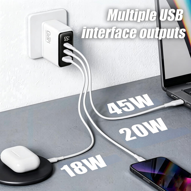 65W 3-Port USB C Wall Charger Block with 2Pack Extra Long 6FT USB C Cable | Ultra-Compact GaN Foldable Fast Wall Adapter with Digital Display for MacBook Pro/Neo/Air, iPhone 17 Series, and More