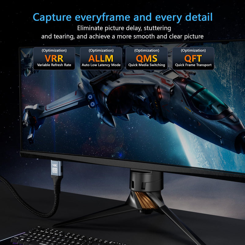 16K 8K HDMI 2.2 Cable 96Gbps 6.6FT/2M, Ultra High Speed HDMI Gaming Cord Support 4K@480Hz 8K@240Hz, HDCP 2.2&2.3, Dynamic HDR, eARC,DTS:X, Compatible with PC/Monitor TV/HDTV/PS5/Blu-ray