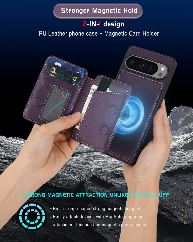 Magnetic Detachable Wallet Case for Google Pixel 10/10Pro with Kickstand,2-in-1 MagSafe Compatible RFID Blocking Card Holder,Slim PU Leather Cover Purple For Pixel 10/10Pro
