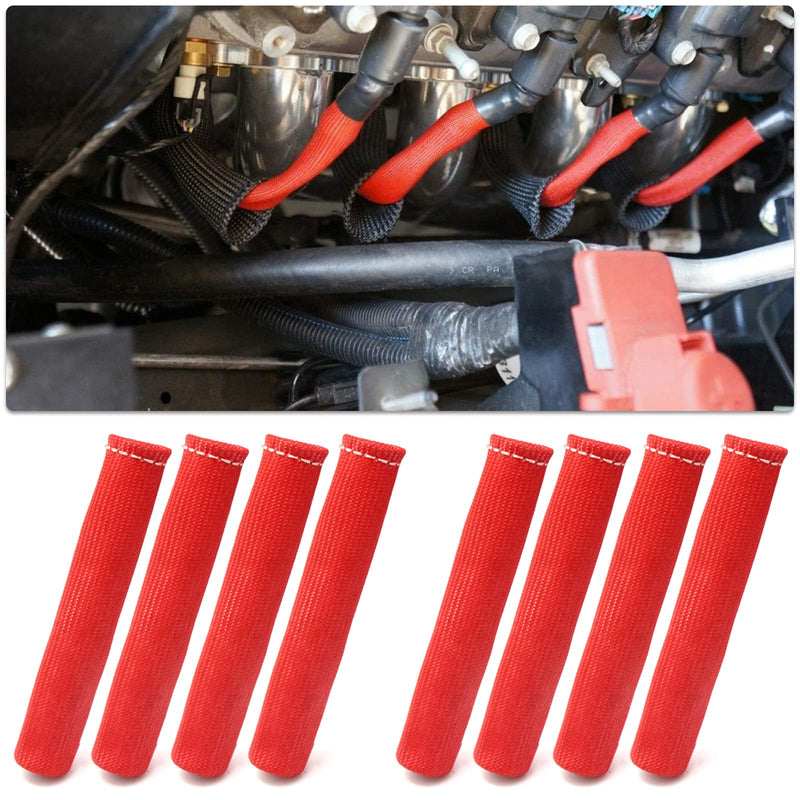 Red 8Cyl Spark Plug Heat Shield Protector and 12pc Engine Separator Insulating Fire Sleeve Wire Protector with Divider Suit for 8mm 9mm 10mm 18PCS Red