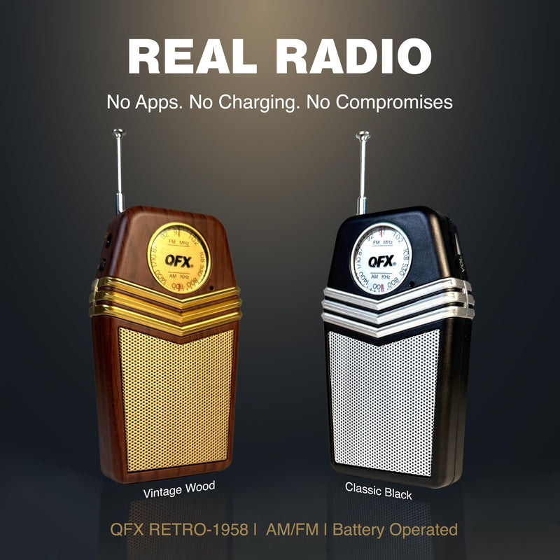 QFX Retro Portable Transistor Pocket AM FM Radio, RETRO-1958, Wood | Telescoping Antenna, High-Fidelity Speaker, Headphone Jack, Battery Operated, Classic 1950s Design