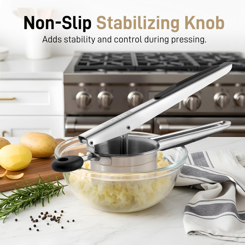 Bellemain 15oz Large Potato Ricer for Mashed Potatoes, Stainless Steel Mashed Potato Masher & Squeezer, Easy-To-Clean Professional-Grade Hand Vegetable Ricer, Kitchen Tool, Food Press & Food Mill Fixed Disc Black