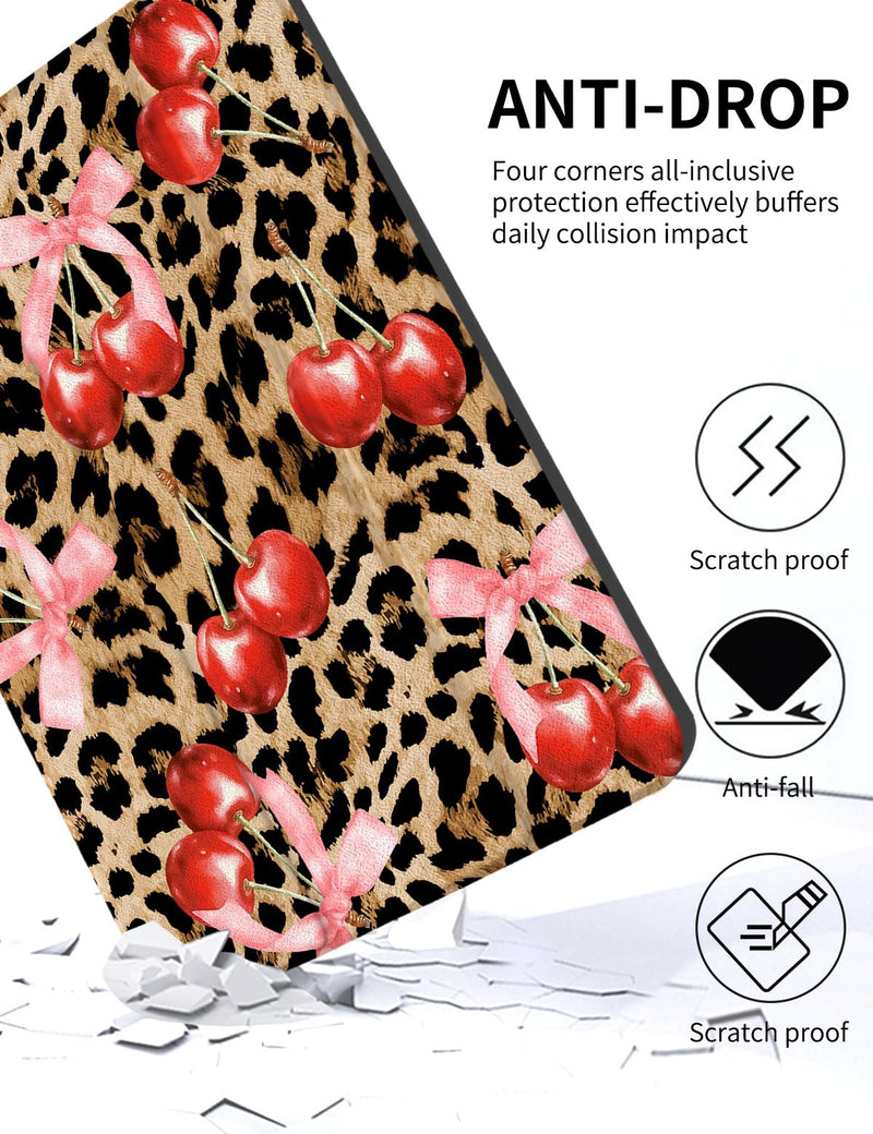 Case for iPad A16 11th Generation 11 Inch 2025, iPad Case 10th Generation 10.9 Inch 2022, Slim Lightweight Soft Trifold Back Cover with Pencil Holder & Auto Sleep/Wake Cover Cherry Cheetah Bow Brown Leopard & Pink Bow