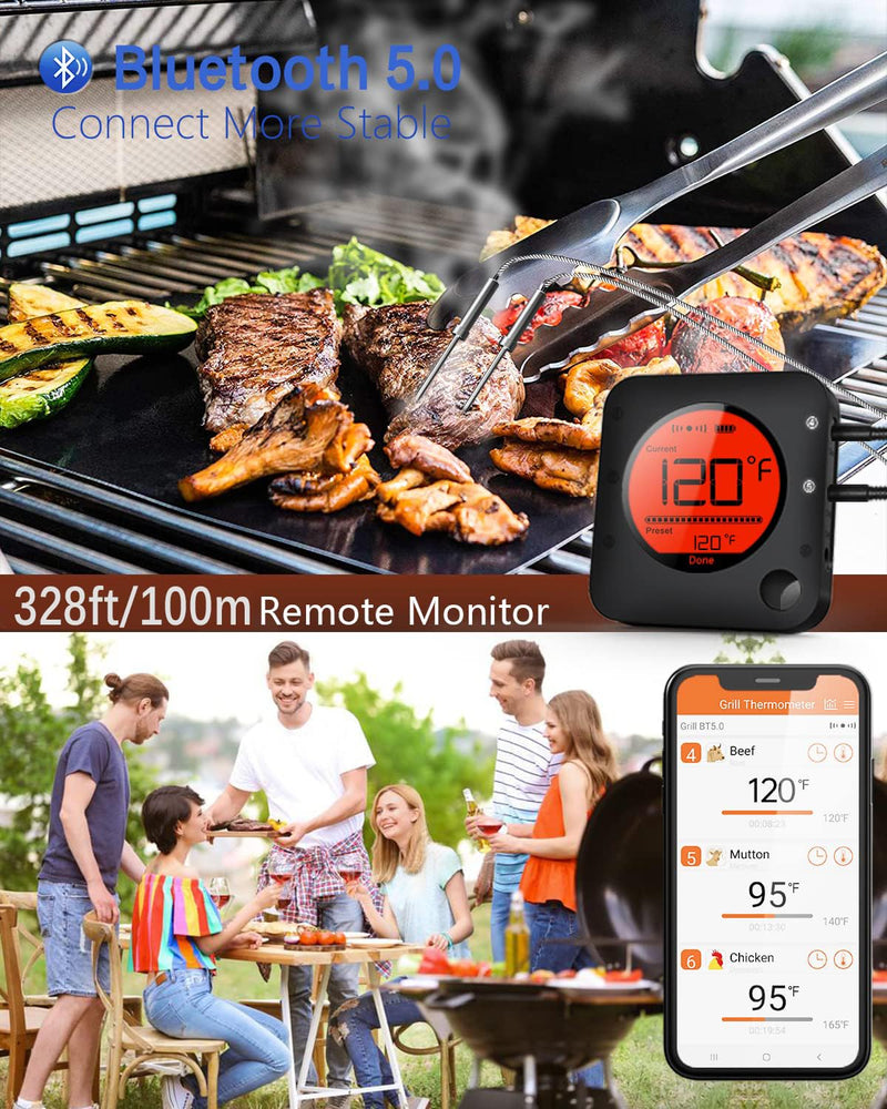 BFOUR Meat Thermometer Wireless Bluetooth, LCD Digital Meat Thermometer with Dual Probe, Wireless Remote BBQ Thermometer for Smoker Kitchen Cooking Grill Thermometer for Grilling BBQ Oven 2 x Probes