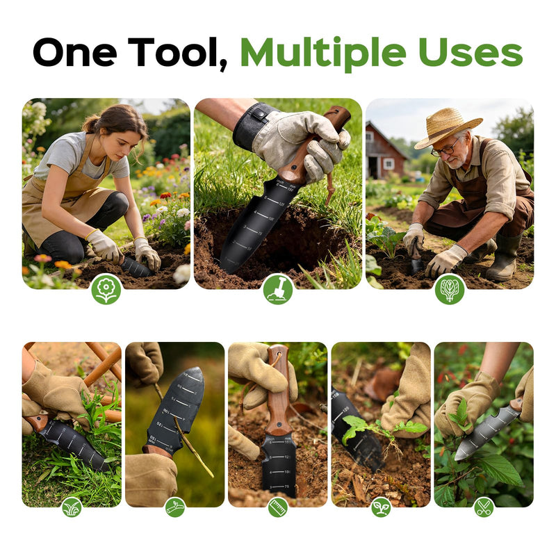 Hori Hori Garden Knife, Garden Tools Trowel with EDC Sheath, Gardening Tools for Weeding Digging Planting with 7" Stainless Steel Blade,Dual-Scale Measurement,Hanging Hole, Gifts for Women Mom Men Dad Black & Walnut